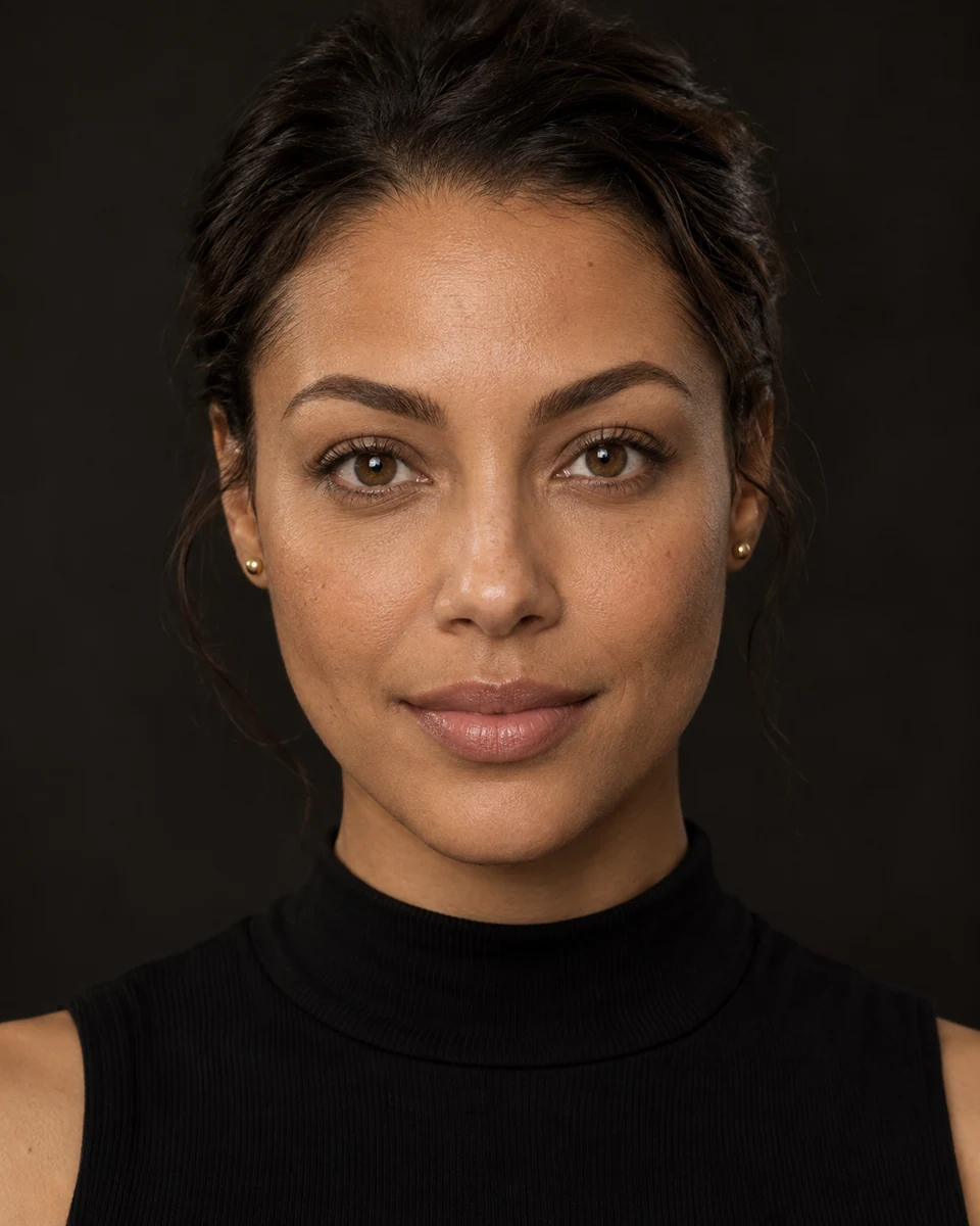 AI-created female model with softly arched brows, illustrating a brow design rather than a client result.