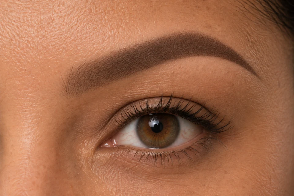 Illustration of an eyebrow with a diffused powder-like fill, lighter at the front and more defined toward the tail.