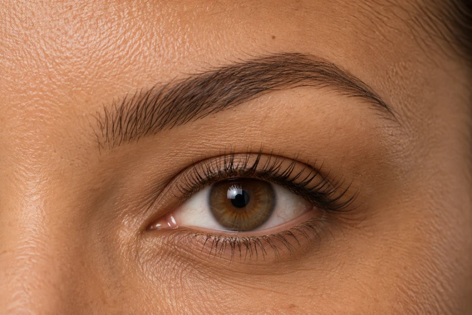 Illustration of an eyebrow with distinct fine hairlike strokes and visible skin between the strokes.