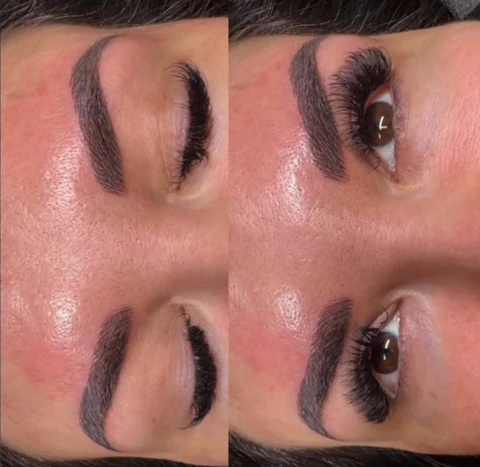 Two views of finished brow work with eyes closed and open.