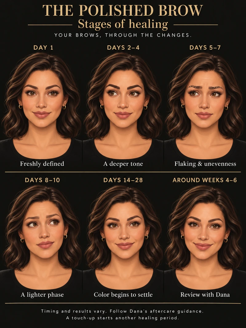 Six semi-realistic cartoon portraits show the same woman with freshly defined, darker, flaking, lighter, and settling brows, followed by a review with Dana. Dates are approximate; the written stages follow below.